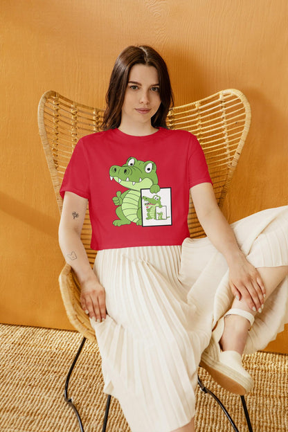 Women's Round Neck Cute Croco Crop Top White by ZealforTee