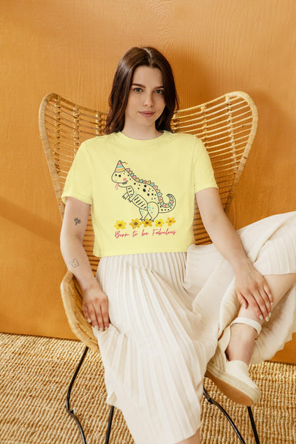 Women's Round Neck Dino Crop Top Butter Yellow by ZealforTee