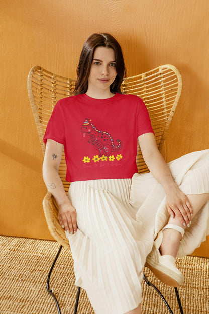 Women's Round Neck Dino Crop Top Light Pink by ZealforTee