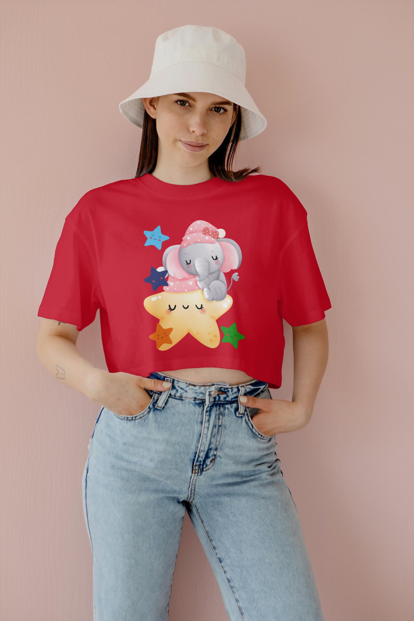 Women's Round Neck Baby Elephant Crop Top Butter Yellow by ZealforTee