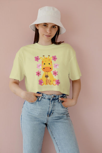 Women's Round Neck Giraffe Crop Top Butter Yellow by ZealforTee