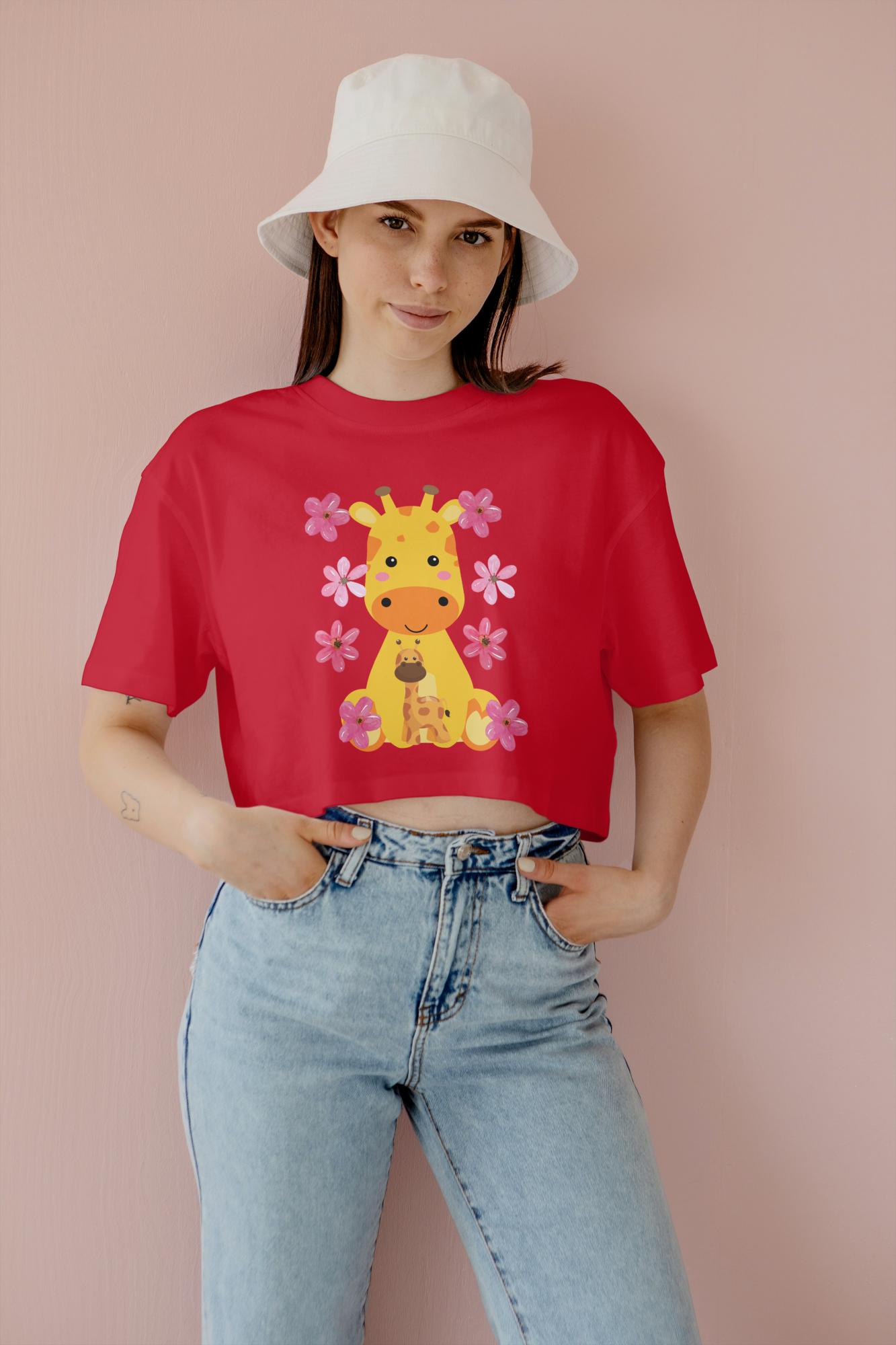 Women's Round Neck Giraffe Crop Top White by ZealforTee