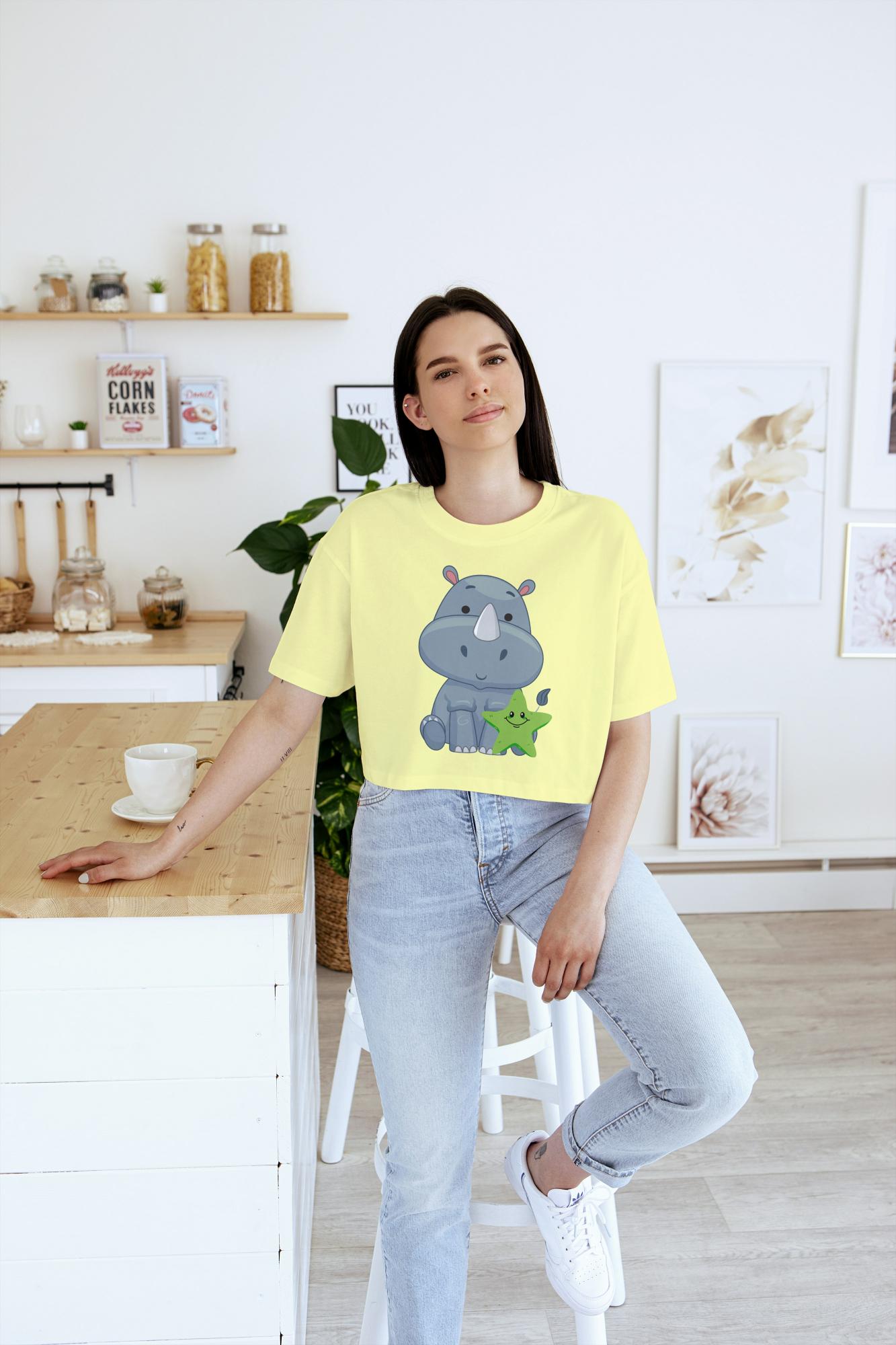 Women's Round Neck Rhino Crop Top Butter Yellow by ZealforTee
