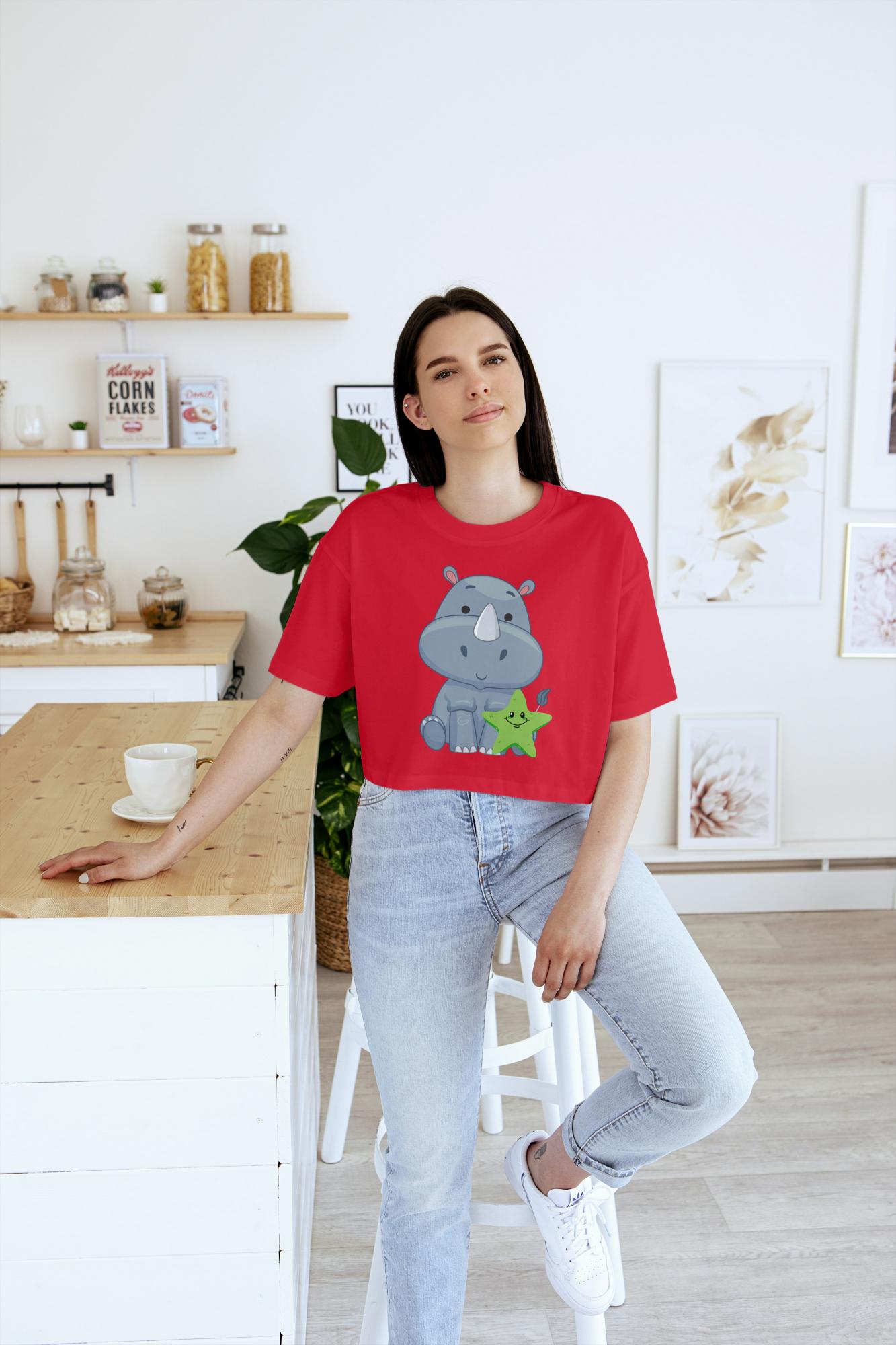 Women's Round Neck Rhino Crop Top Butter Yellow by ZealforTee