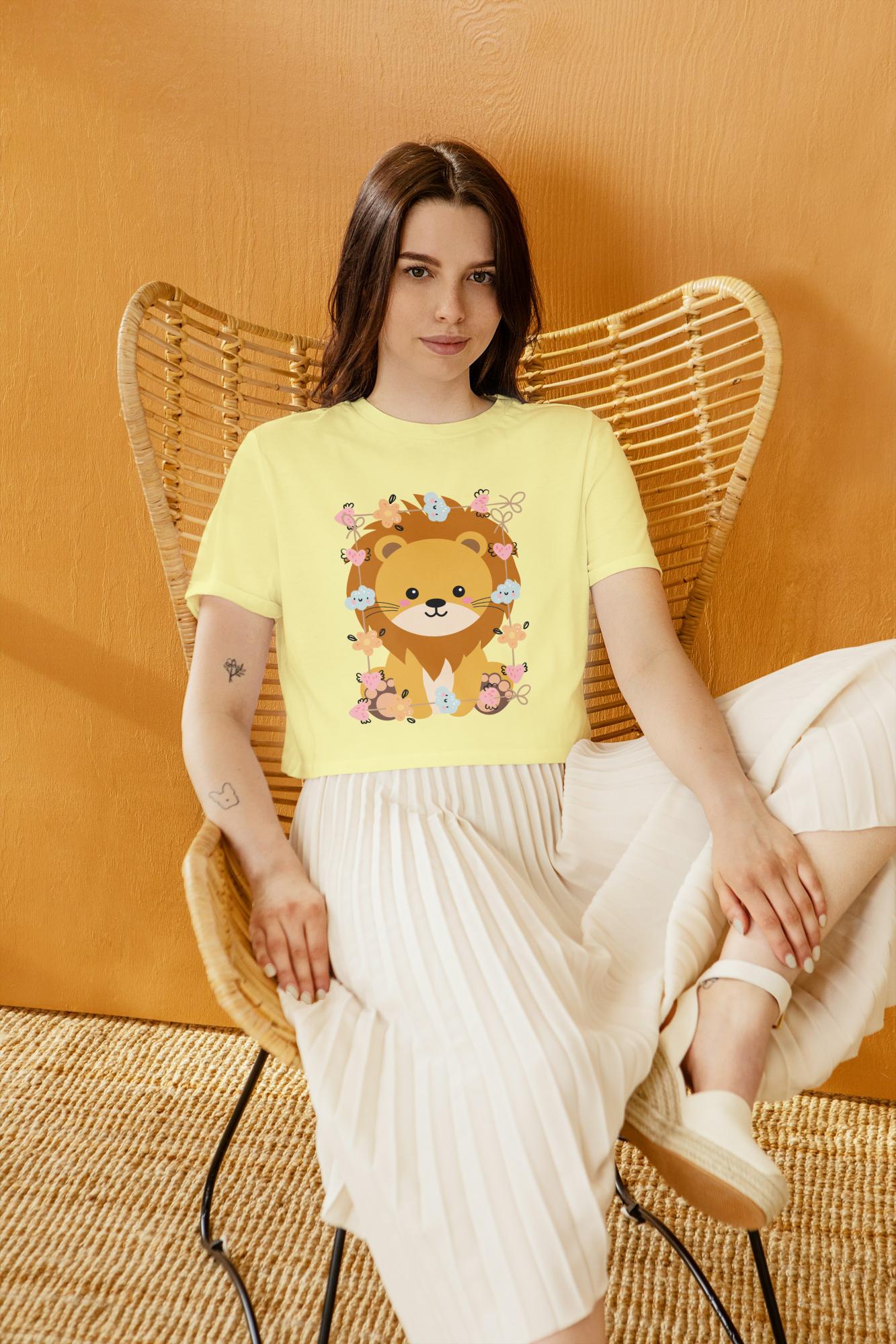 Women's Round Neck Baby Lion Crop Top Butter Yellow by ZealforTee