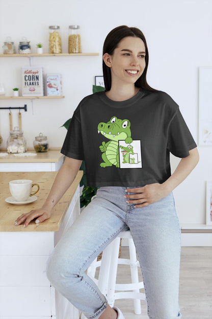 Women's Round Neck Cute Croco Crop Top Sky Blue by ZealforTee