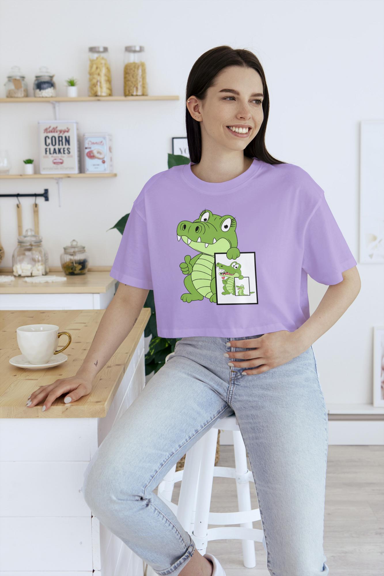 Women's Round Neck Cute Croco Crop Top Sky Blue by ZealforTee