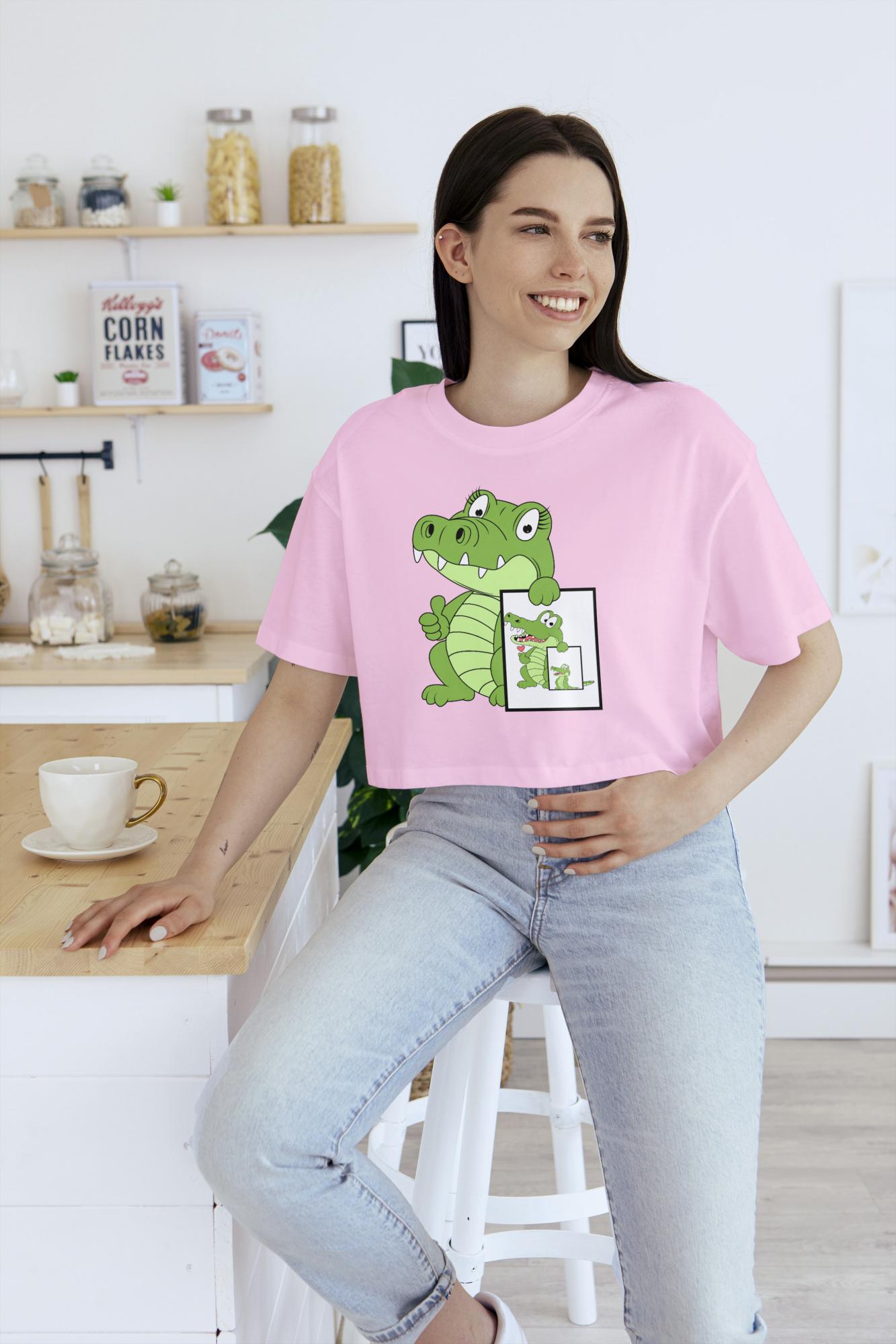 Women's Round Neck Cute Croco Crop Top Sky Blue by ZealforTee