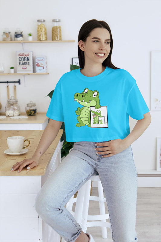 Women's Round Neck Cute Croco Crop Top Sky Blue by ZealforTee