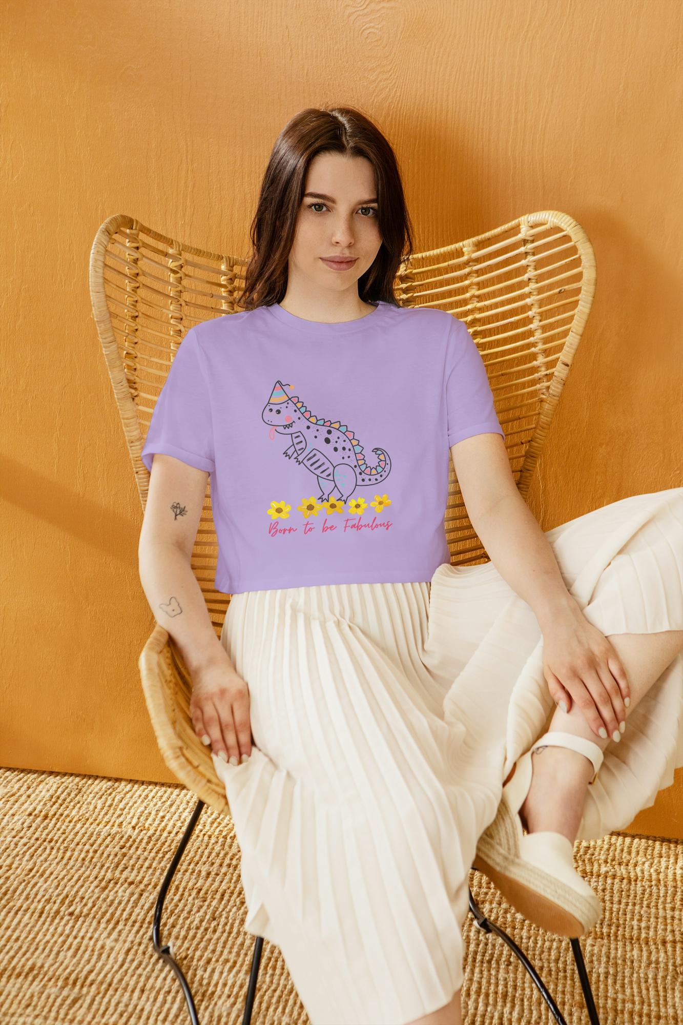 Women's Round Neck Dino Crop Top Butter Yellow by ZealforTee