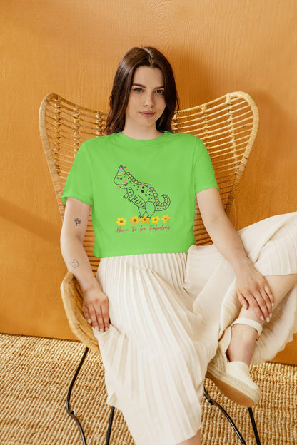 Women's Round Neck Dino Crop Top Butter Yellow by ZealforTee