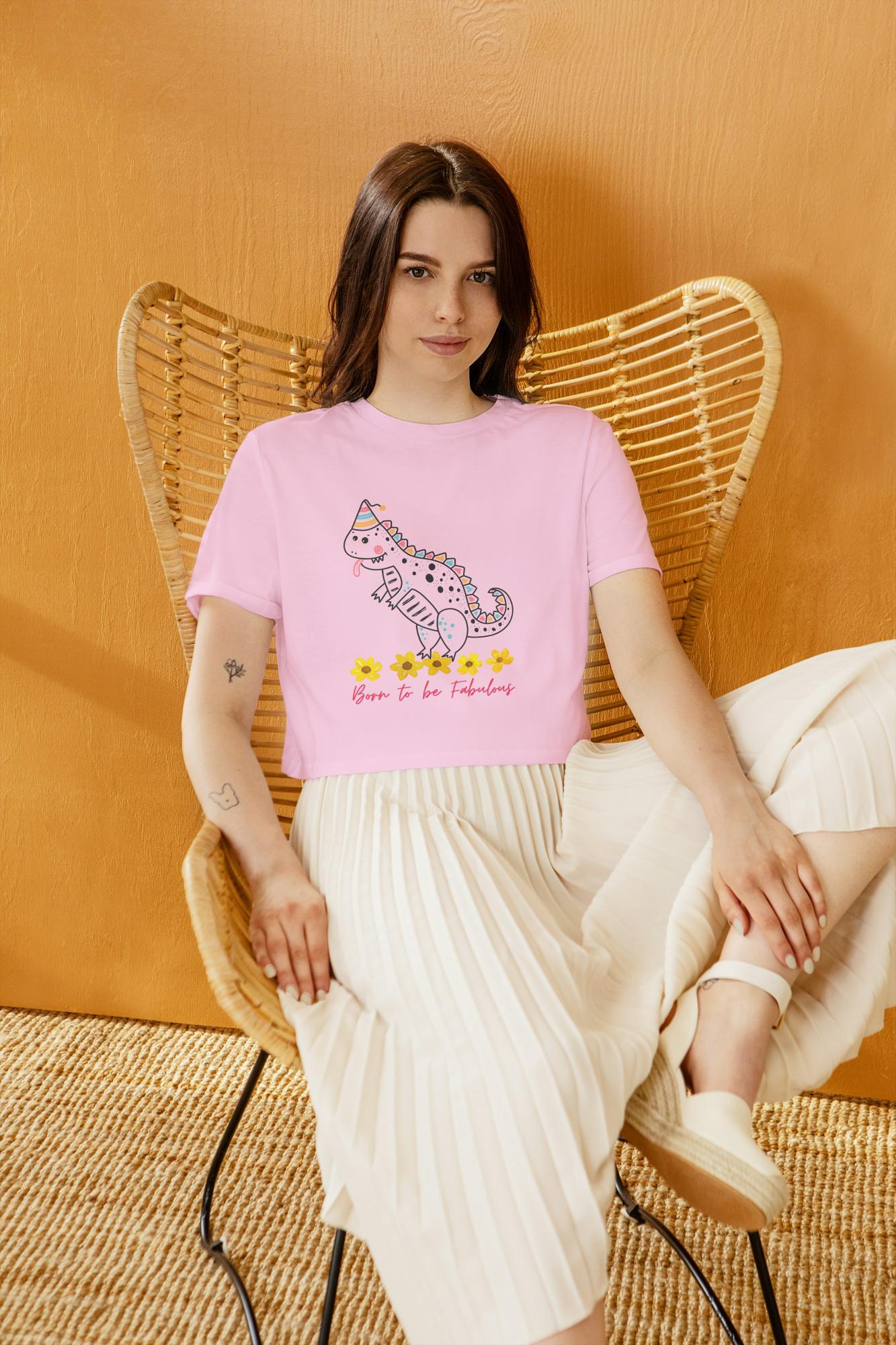 Women's Round Neck Dino Crop Top Butter Yellow by ZealforTee