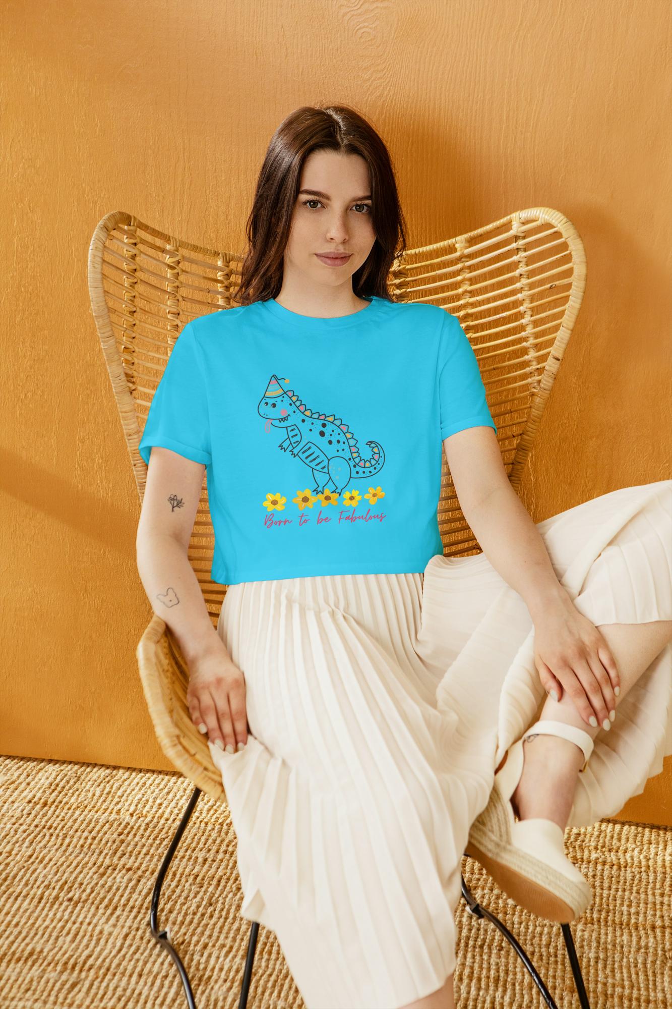 Women's Round Neck Dino Crop Top Butter Yellow by ZealforTee