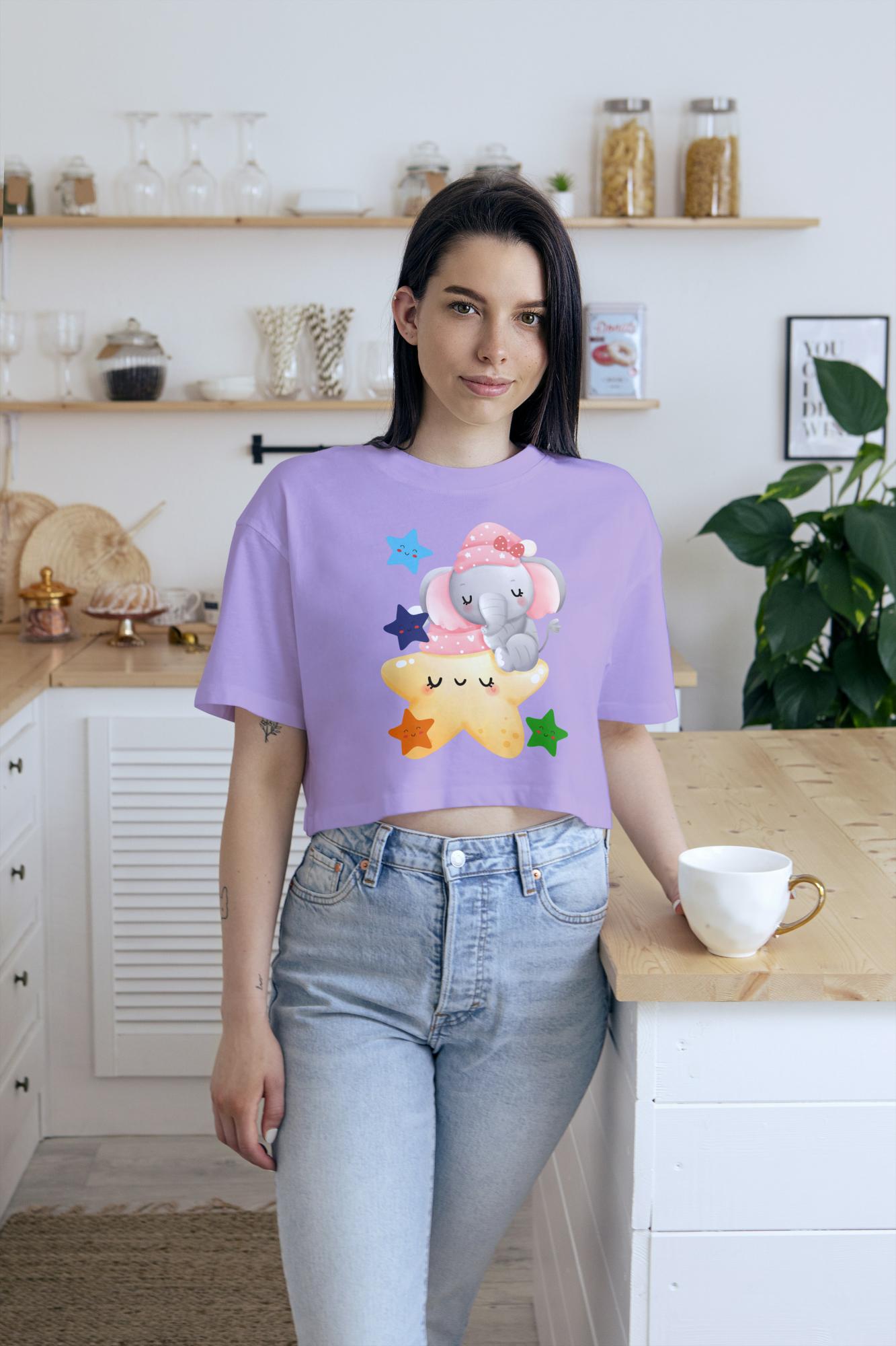 Women's Round Neck Baby Elephant Crop Top Maroon by ZealforTee