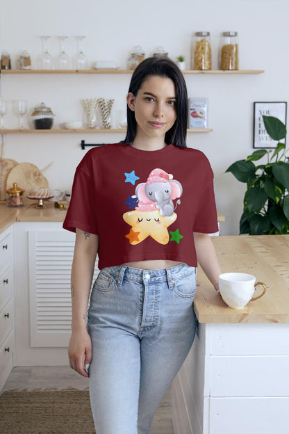 Women's Round Neck Baby Elephant Crop Top Maroon by ZealforTee