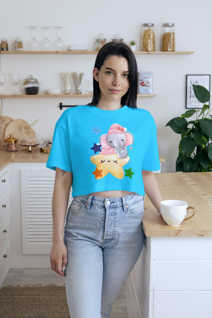 Women's Round Neck Baby Elephant Crop Top Maroon by ZealforTee