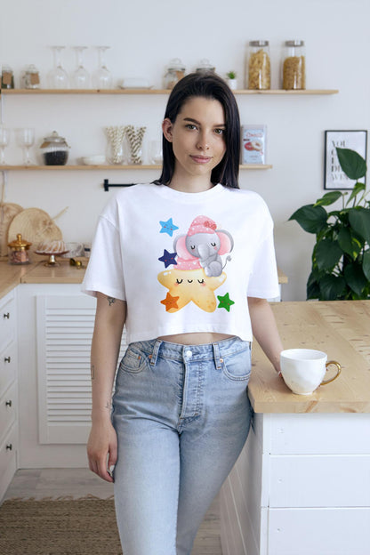 Women's Round Neck Baby Elephant Crop Top Maroon by ZealforTee