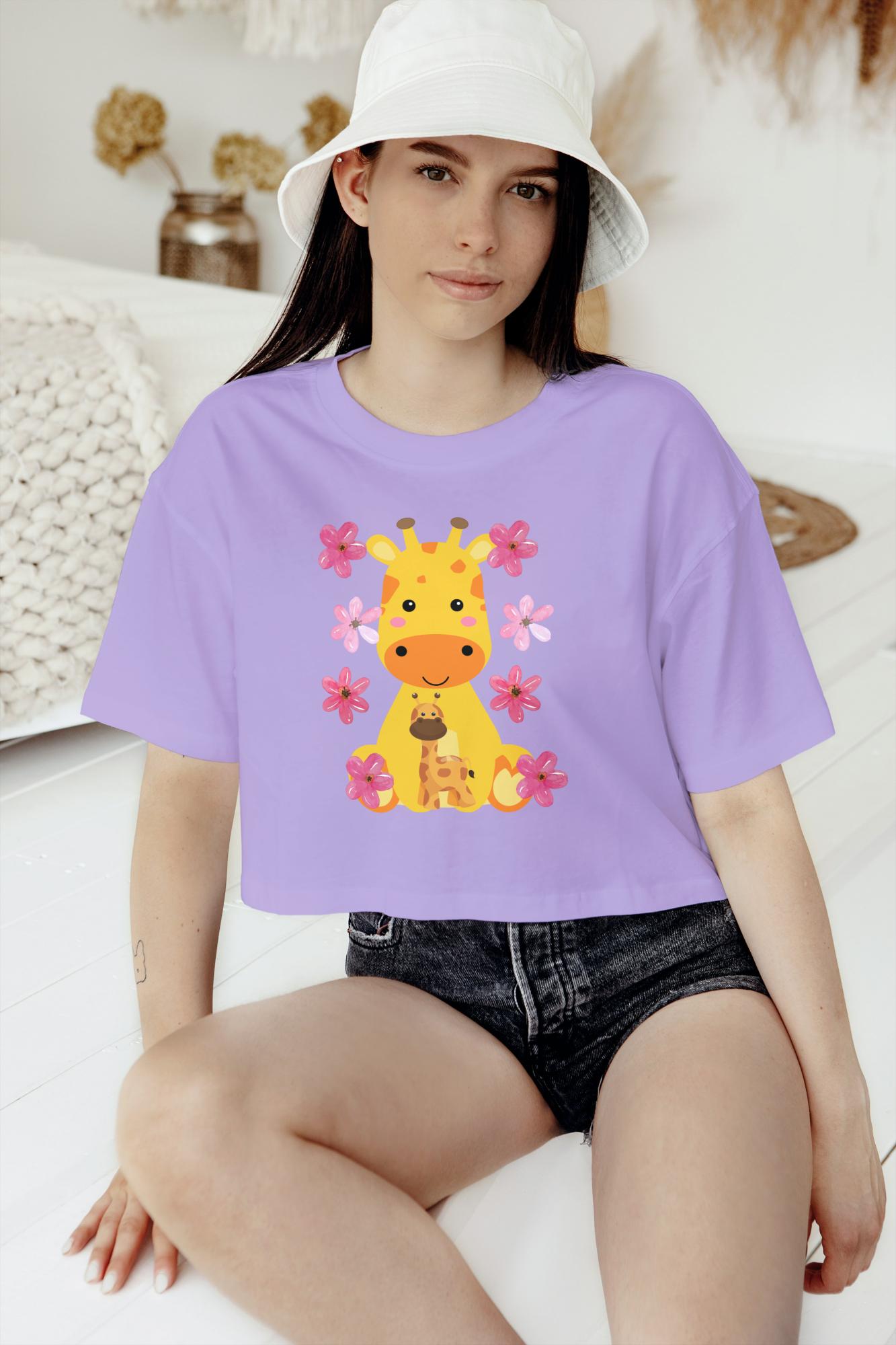 Women's Round Neck Giraffe Crop Top Iris Lavender by ZealforTee