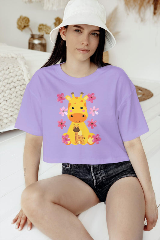 Women's Round Neck Giraffe Crop Top Iris Lavender by ZealforTee