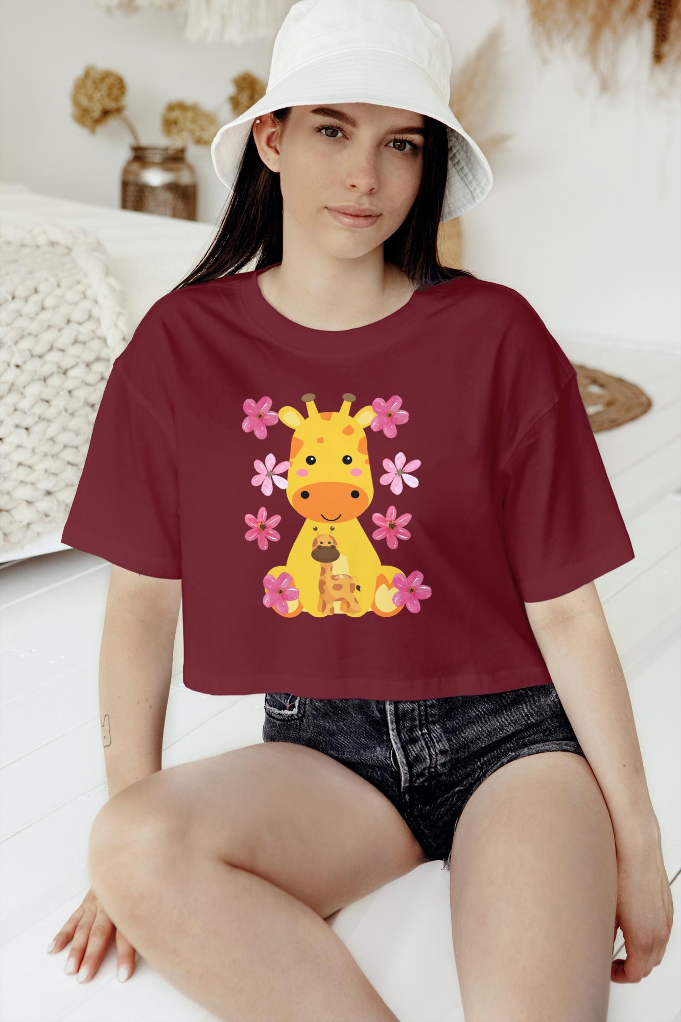 Women's Round Neck Giraffe Crop Top Iris Lavender by ZealforTee