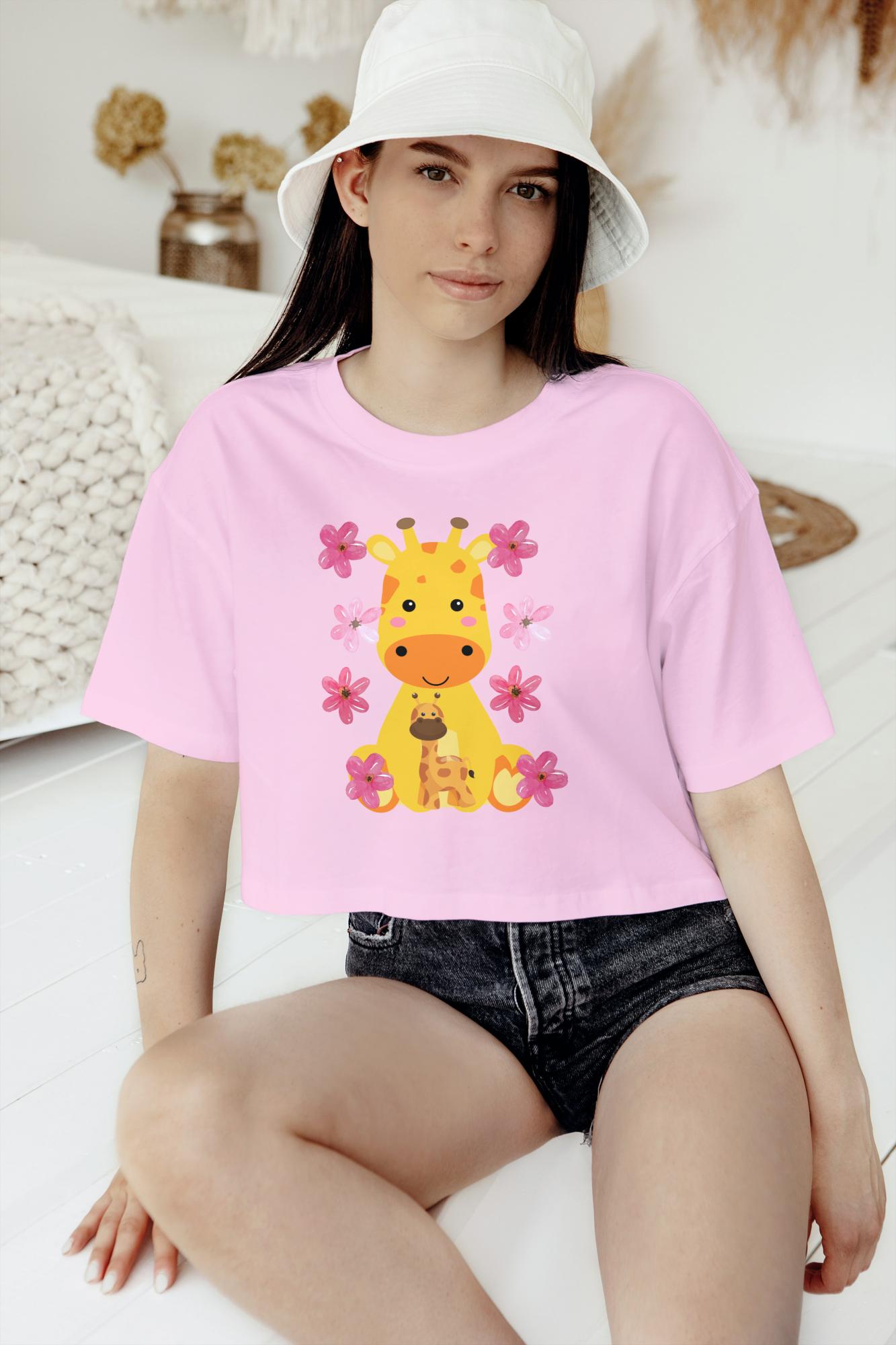 Women's Round Neck Giraffe Crop Top Iris Lavender by ZealforTee