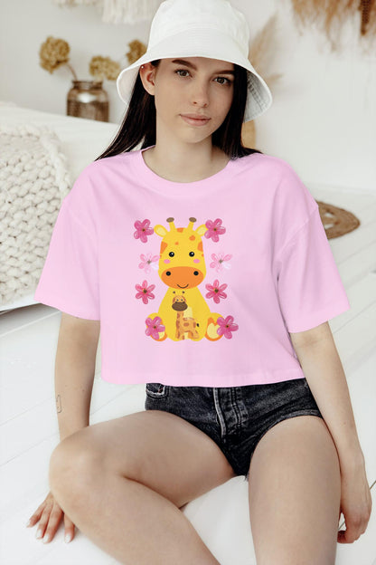 Women's Round Neck Giraffe Crop Top Iris Lavender by ZealforTee