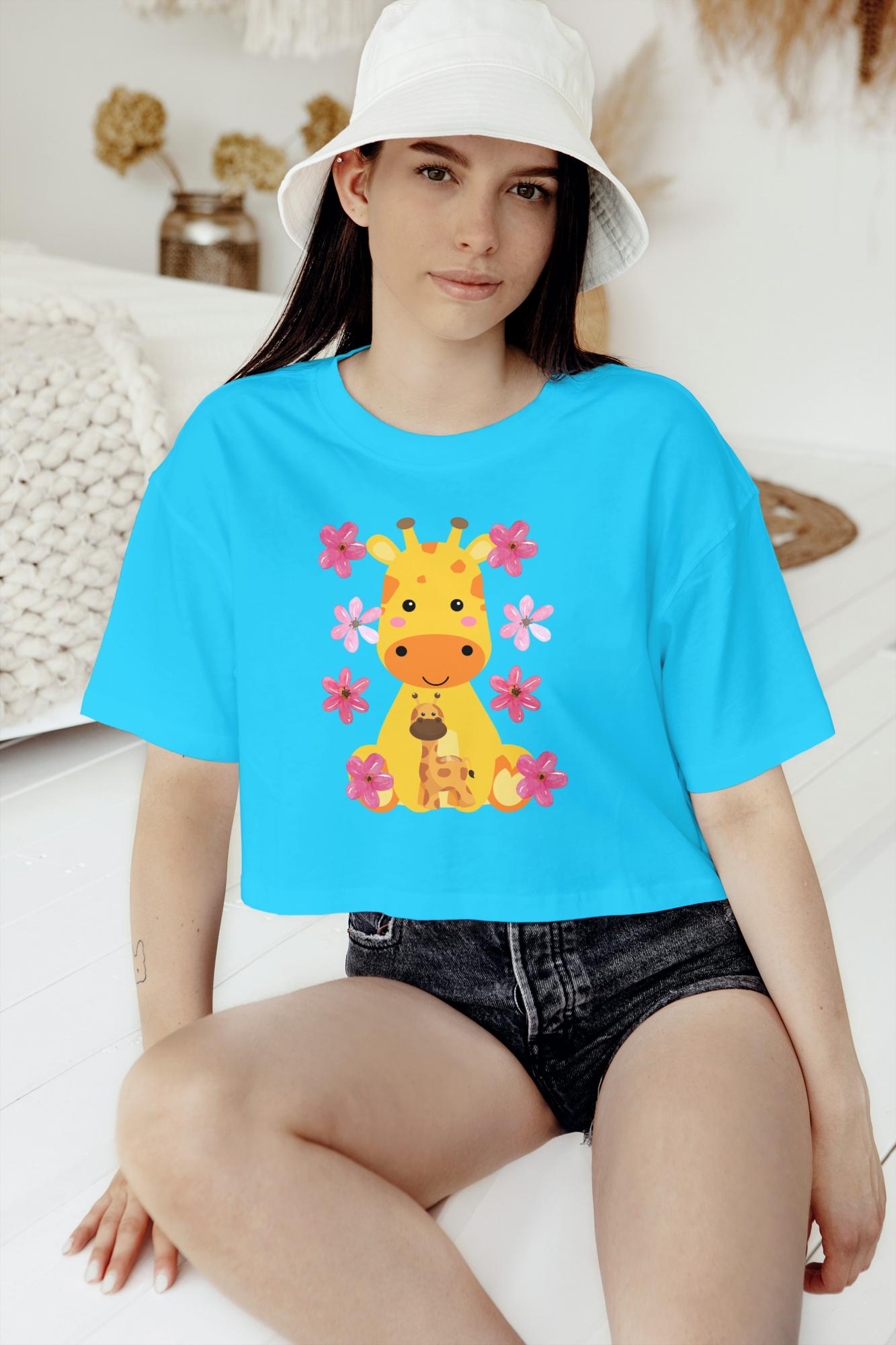 Women's Round Neck Giraffe Crop Top Iris Lavender by ZealforTee