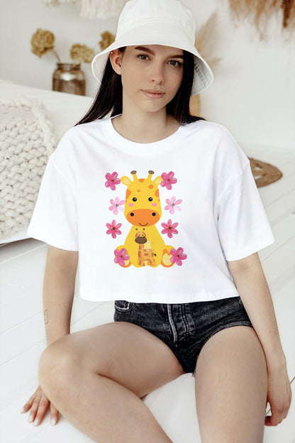Women's Round Neck Giraffe Crop Top Iris Lavender by ZealforTee