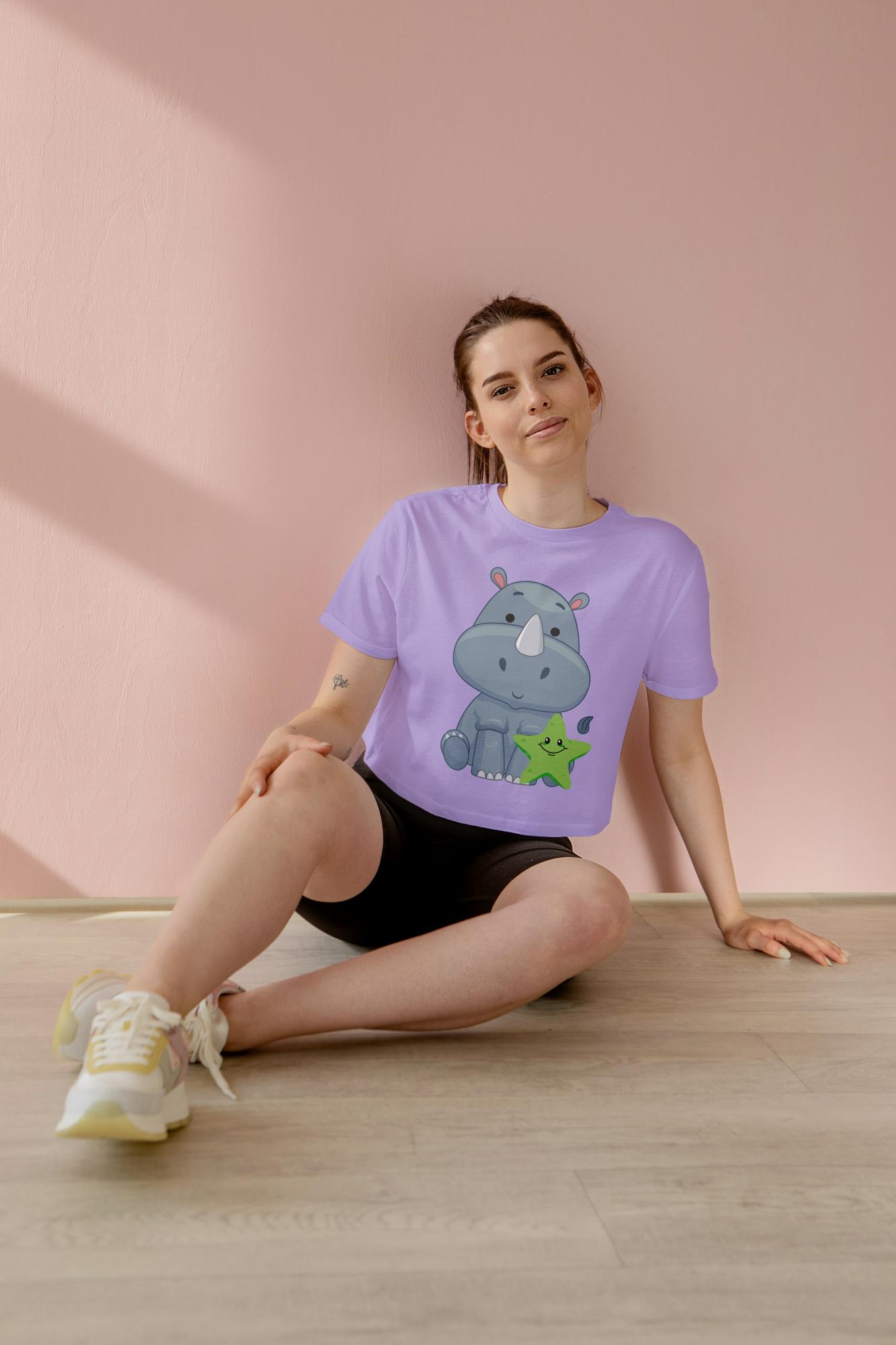 Women's Round Neck Rhino Crop Top Light Pink by ZealforTee