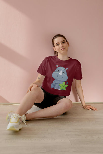 Women's Round Neck Rhino Crop Top Light Pink by ZealforTee