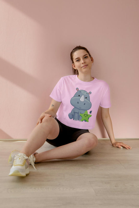 Women's Round Neck Rhino Crop Top Light Pink by ZealforTee