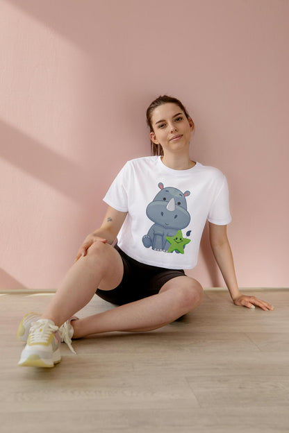 Women's Round Neck Rhino Crop Top Light Pink by ZealforTee