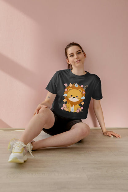Women's Round Neck Baby Lion Crop Top White by ZealforTee