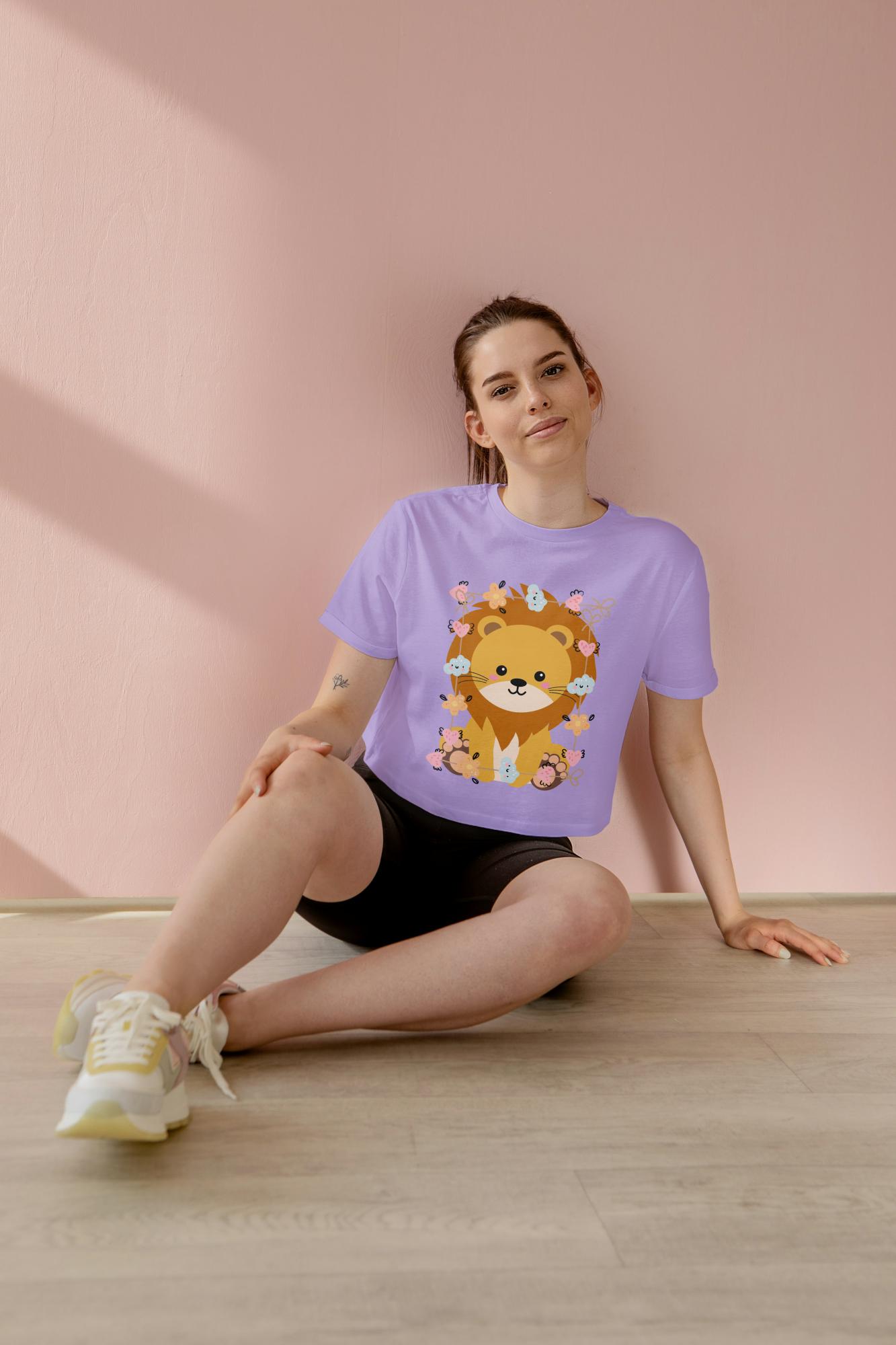 Women's Round Neck Baby Lion Crop Top White by ZealforTee