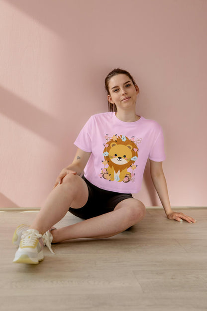 Women's Round Neck Baby Lion Crop Top Maroon by ZealforTee