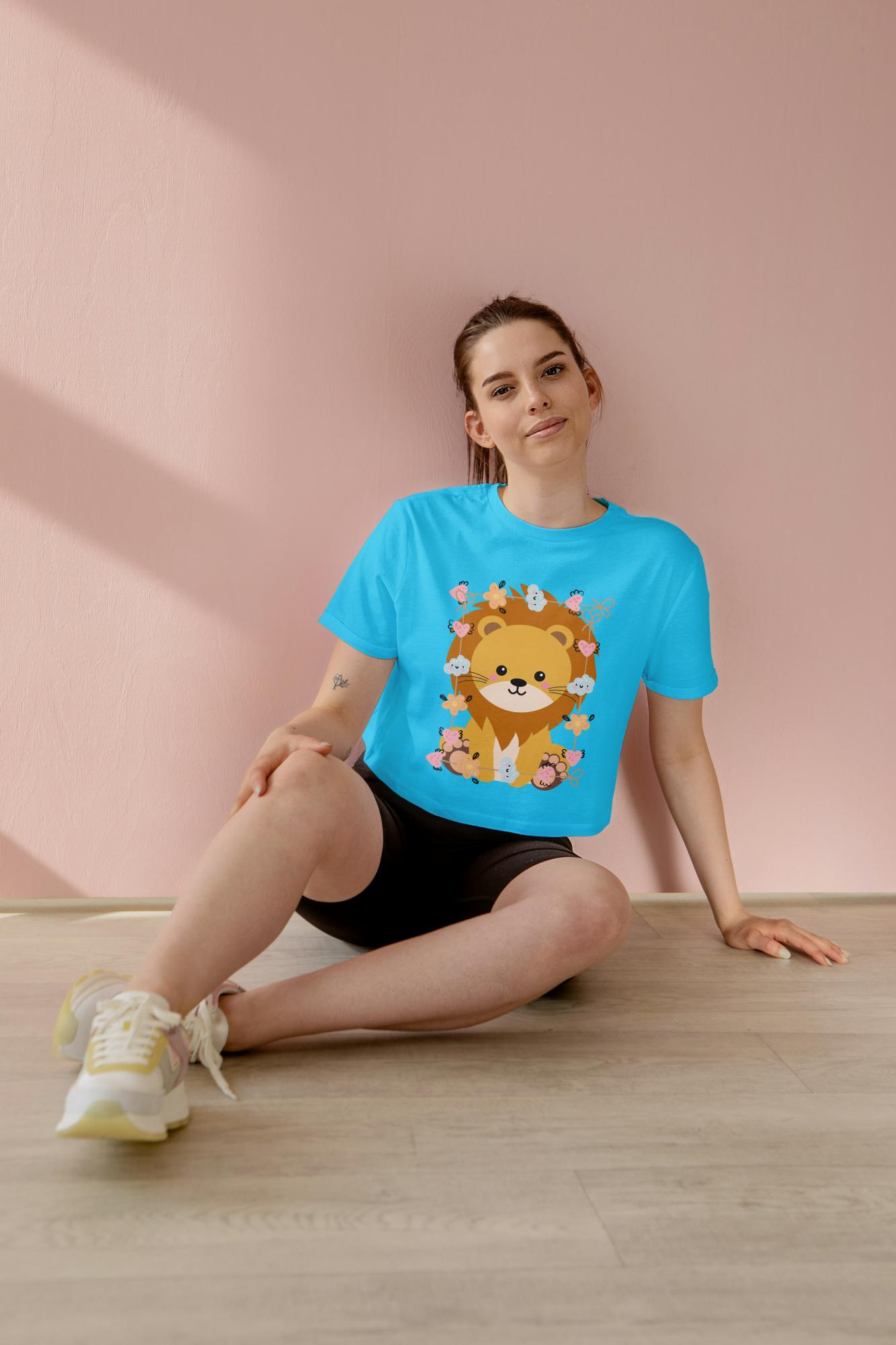 Women's Round Neck Baby Lion Crop Top White by ZealforTee