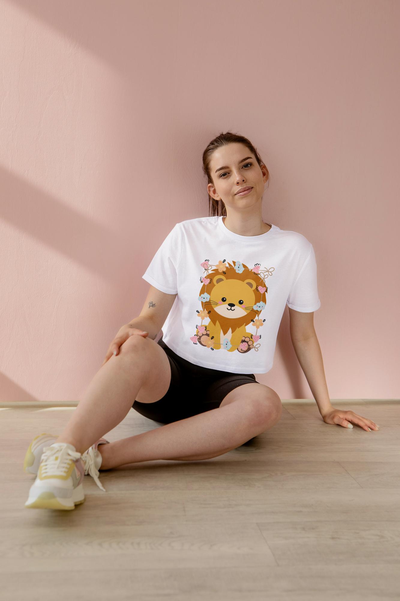 Women's Round Neck Baby Lion Crop Top White by ZealforTee