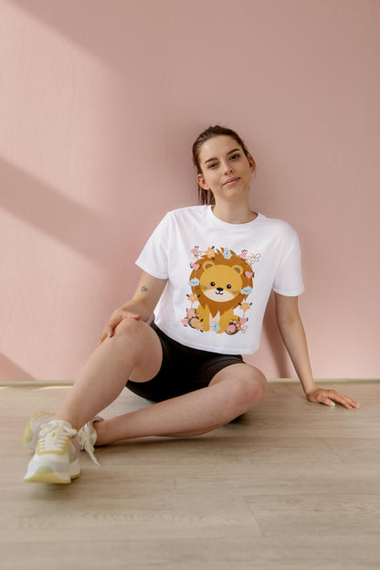 Women's Round Neck Baby Lion Crop Top White by ZealforTee