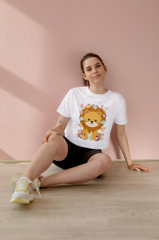 Women's Round Neck Baby Lion Crop Top White by ZealforTee