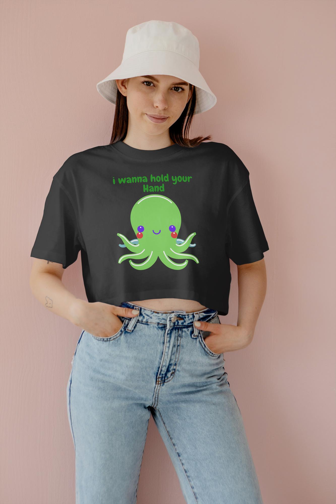 Women's Round Neck Octopus Crop Top Black by ZealforTee