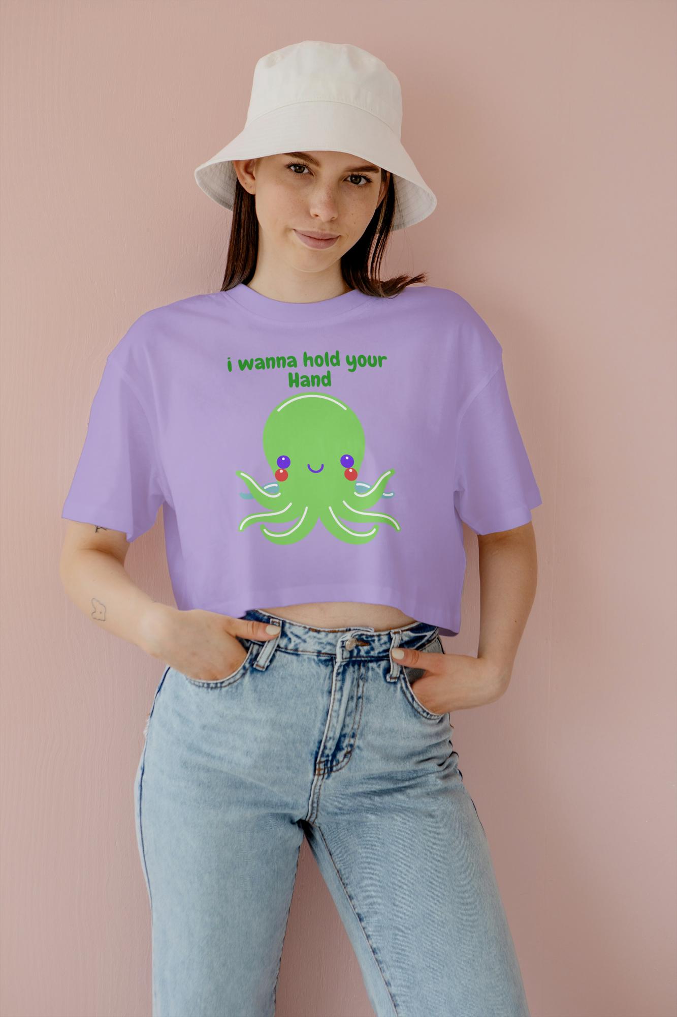 Women's Round Neck Octopus Crop Top Black by ZealforTee