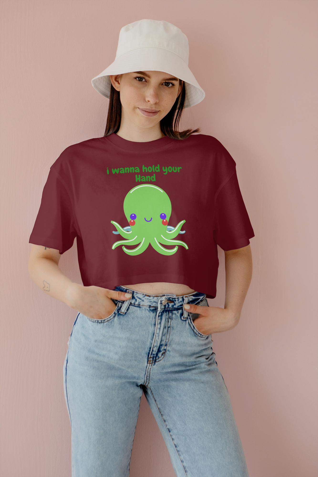 Women's Round Neck Octopus Crop Top Black by ZealforTee