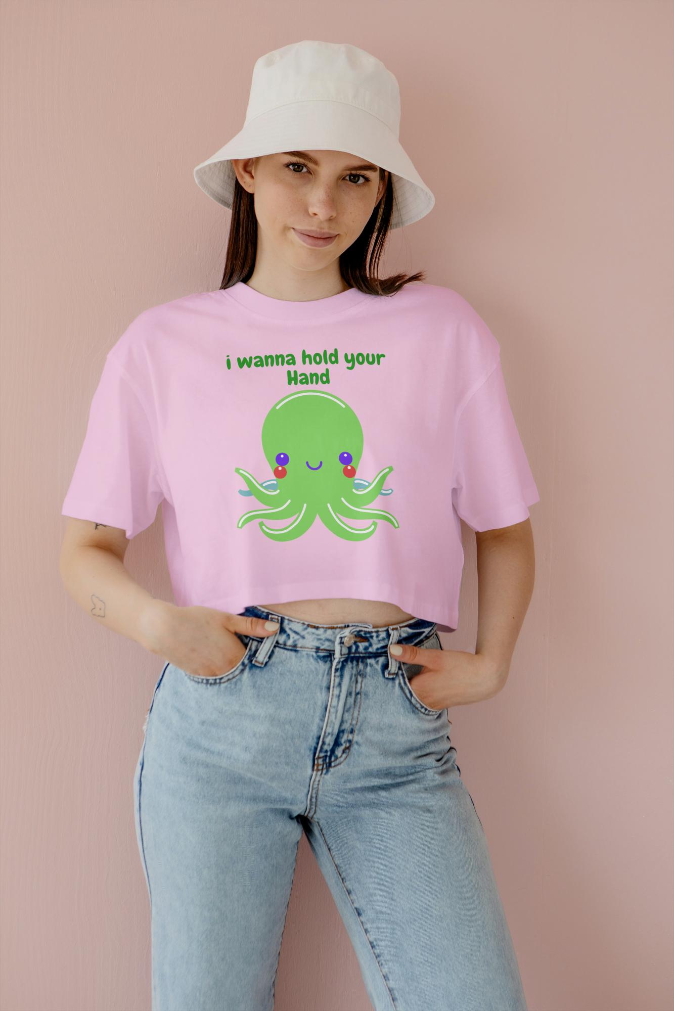 Women's Round Neck Octopus Crop Top Black by ZealforTee