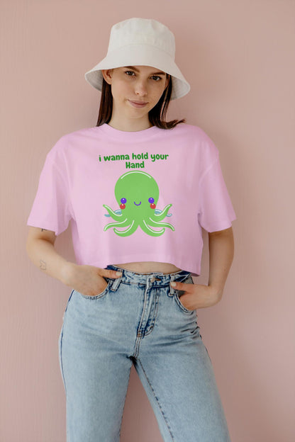 Women's Round Neck Octopus Crop Top Black by ZealforTee