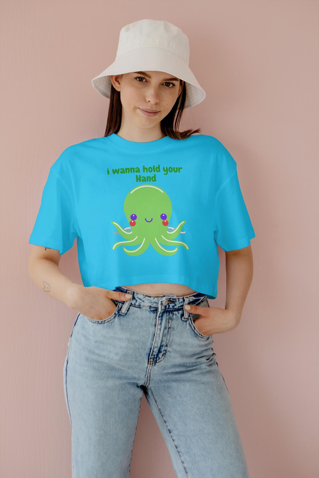 Women's Round Neck Octopus Crop Top Black by ZealforTee