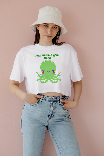 Women's Round Neck Octopus Crop Top Black by ZealforTee