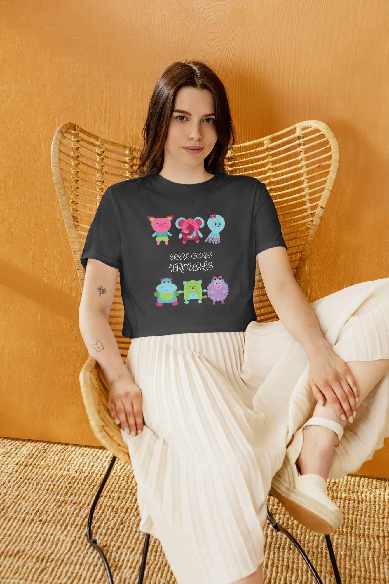 Women Round Neck Trouble Black Crop Top Black by ZealforTee