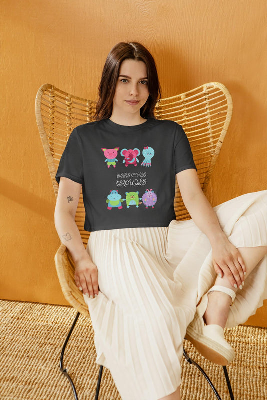 Women Round Neck Trouble Black Crop Top Black by ZealforTee