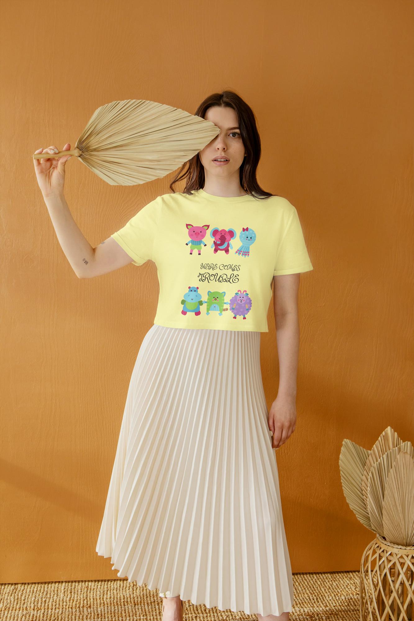 Women's Round Neck Trouble Crop Top Butter Yellow by ZealforTee