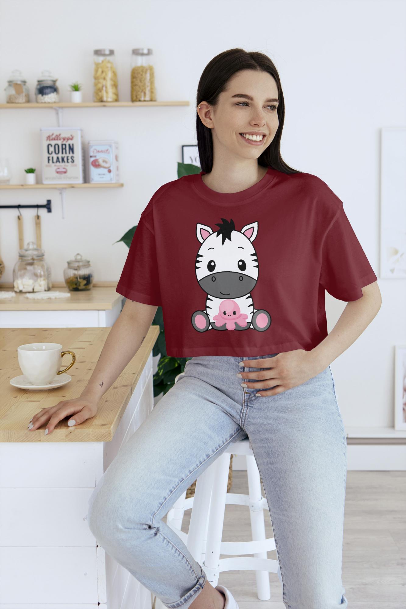 Women's Round Neck Zebra Crop Top Maroon by ZealforTee